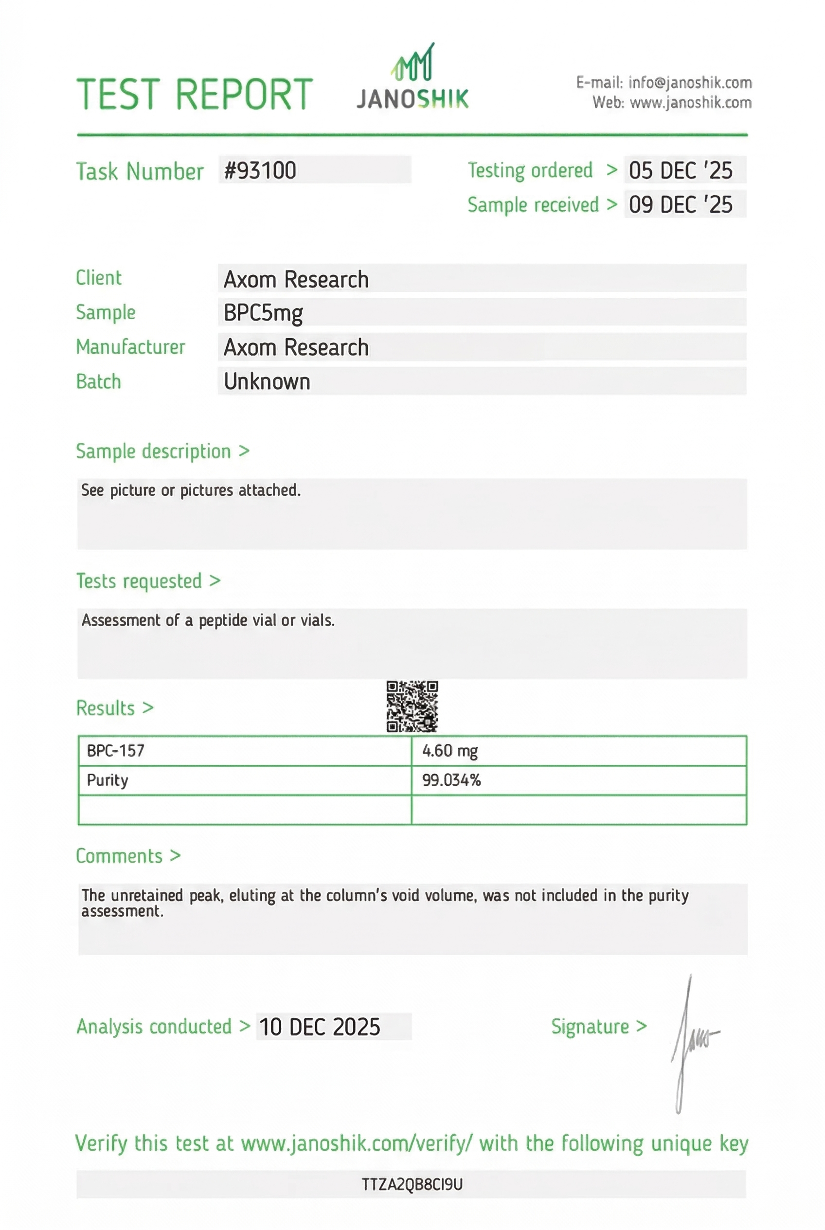 BPC-157 5mg Certificate of Analysis