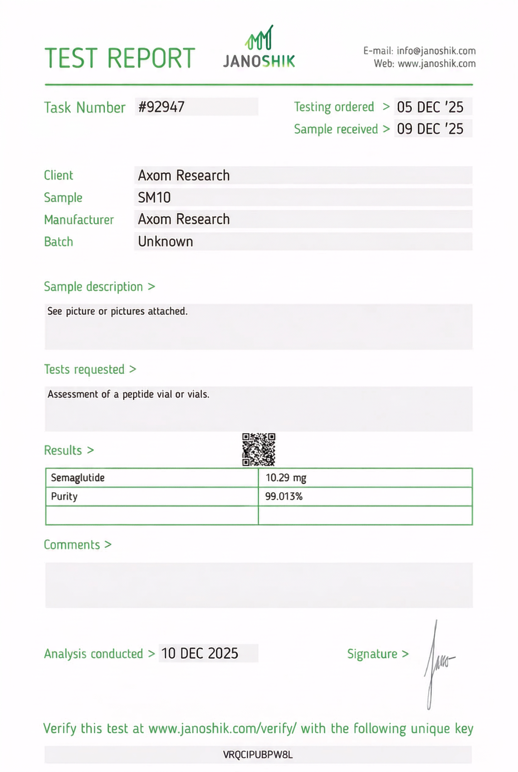 GLP1-SE Semaglutide 10mg Certificate of Analysis