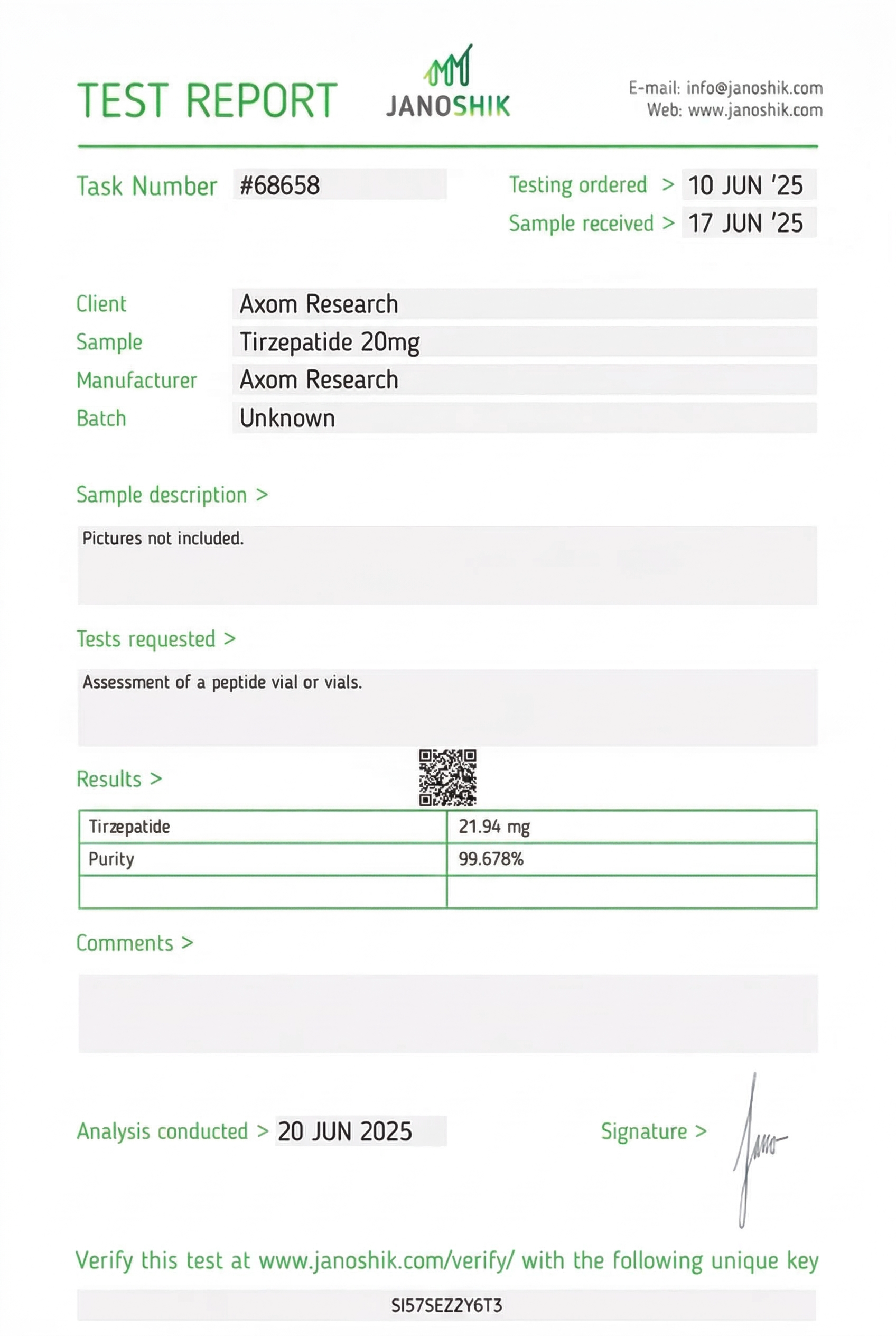 GLP2-TZ Tirzepatide 20mg Certificate of Analysis