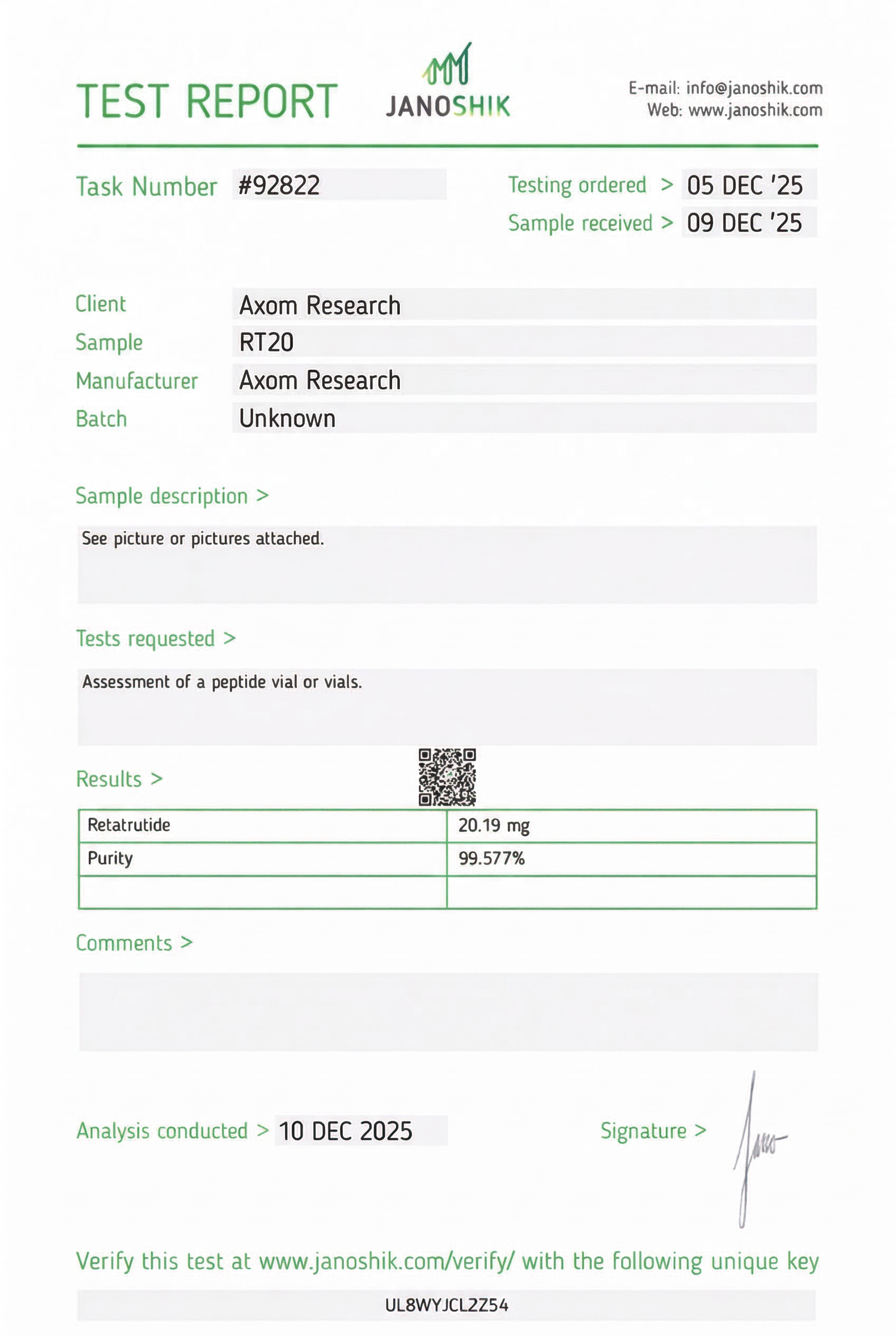 GLP3-RT Retatrutide 20mg Certificate of Analysis