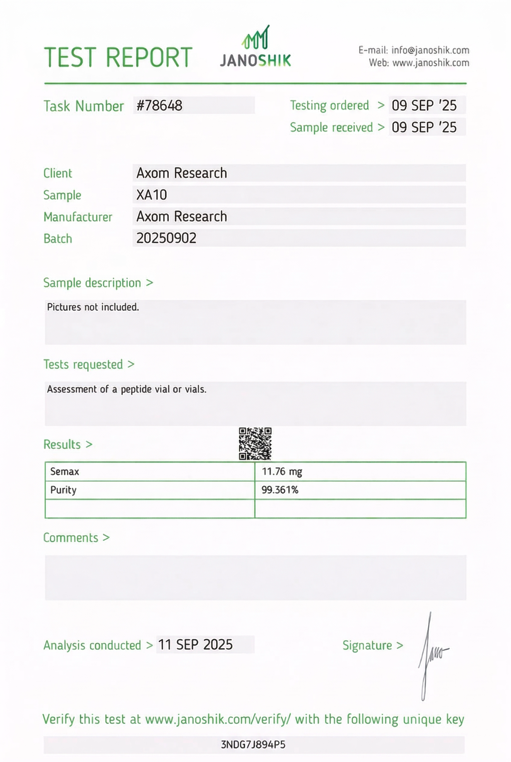 Semax 10mg Certificate of Analysis