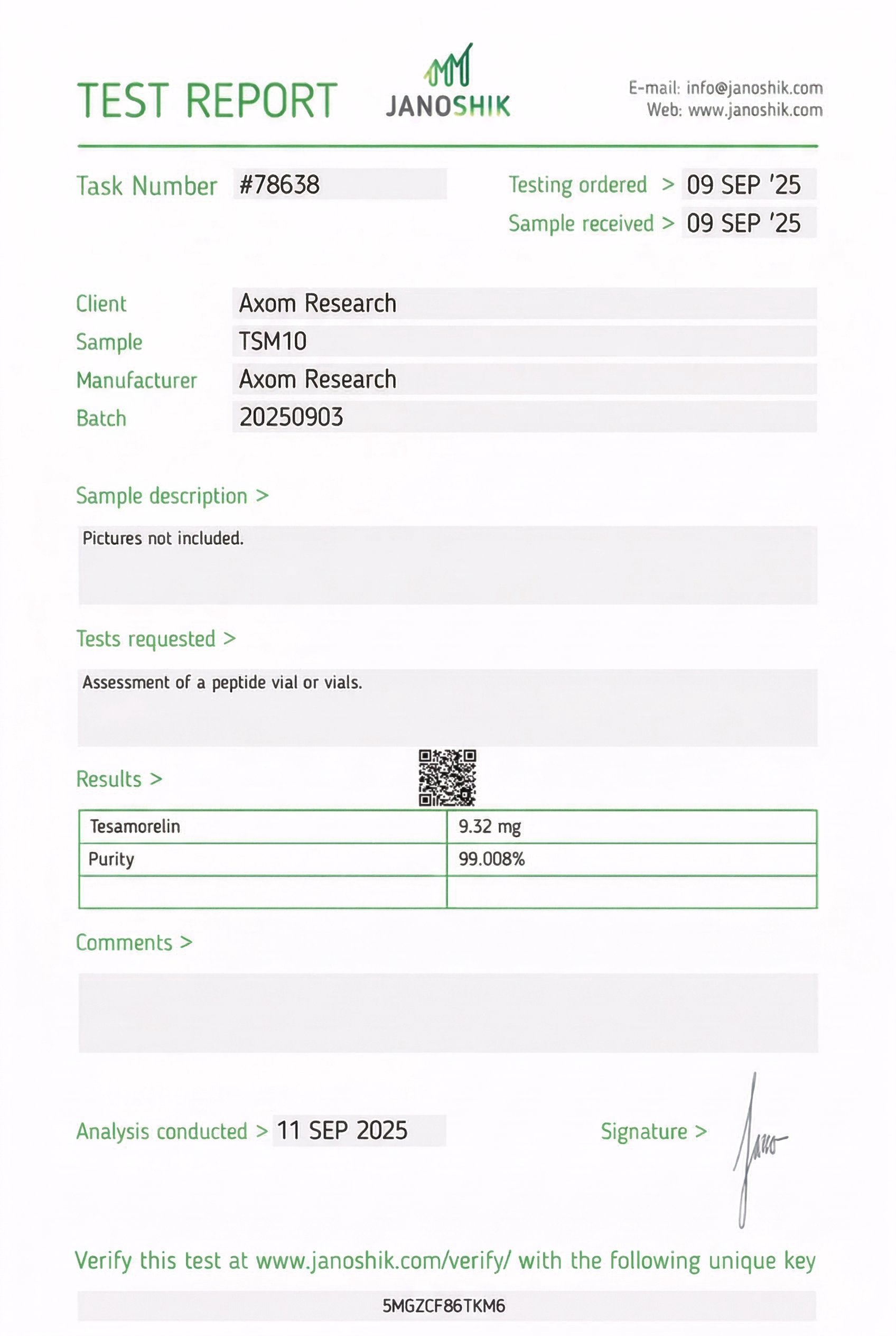 Tesamorelin 10mg Certificate of Analysis