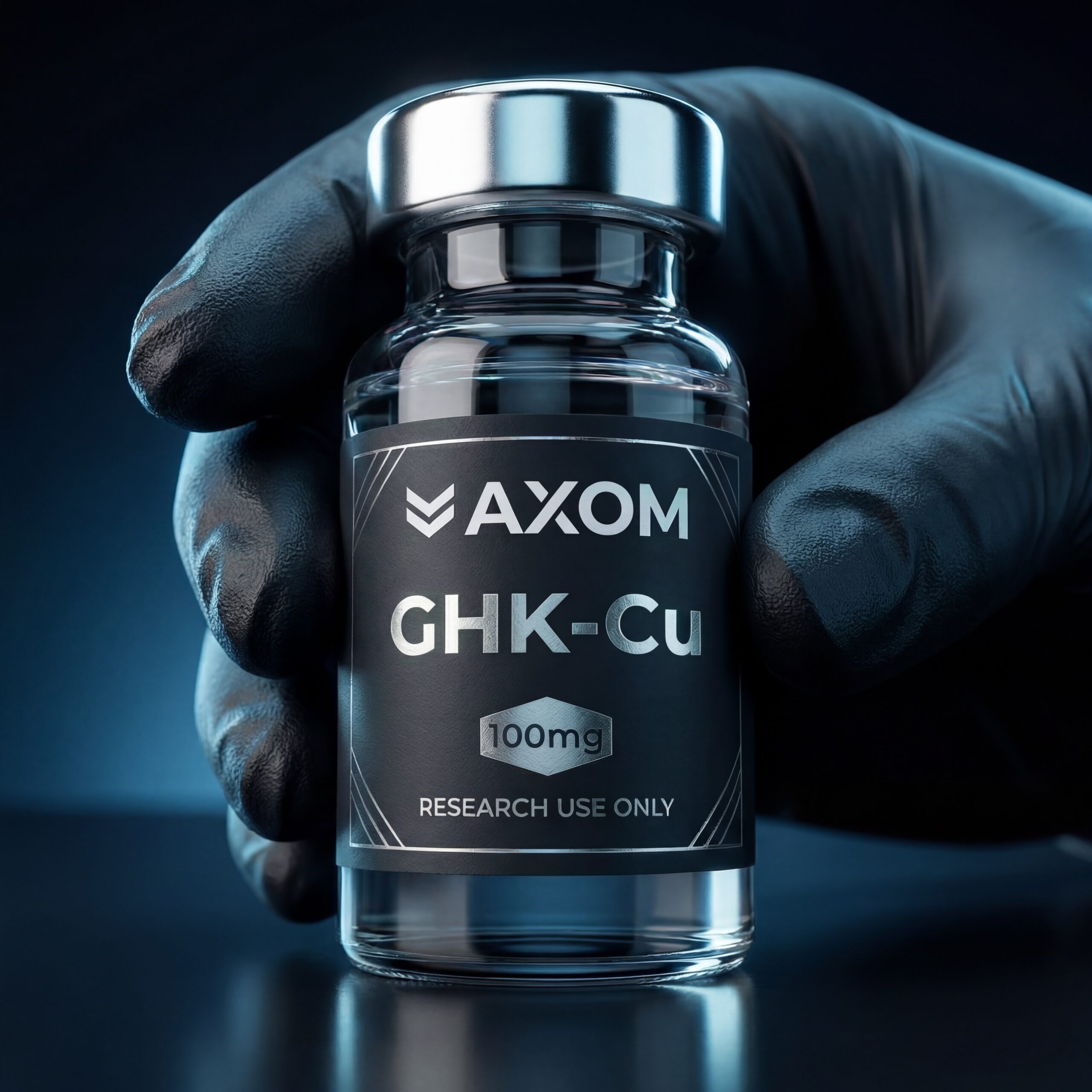 Gloved hand holding AXOM GHK-Cu research vial